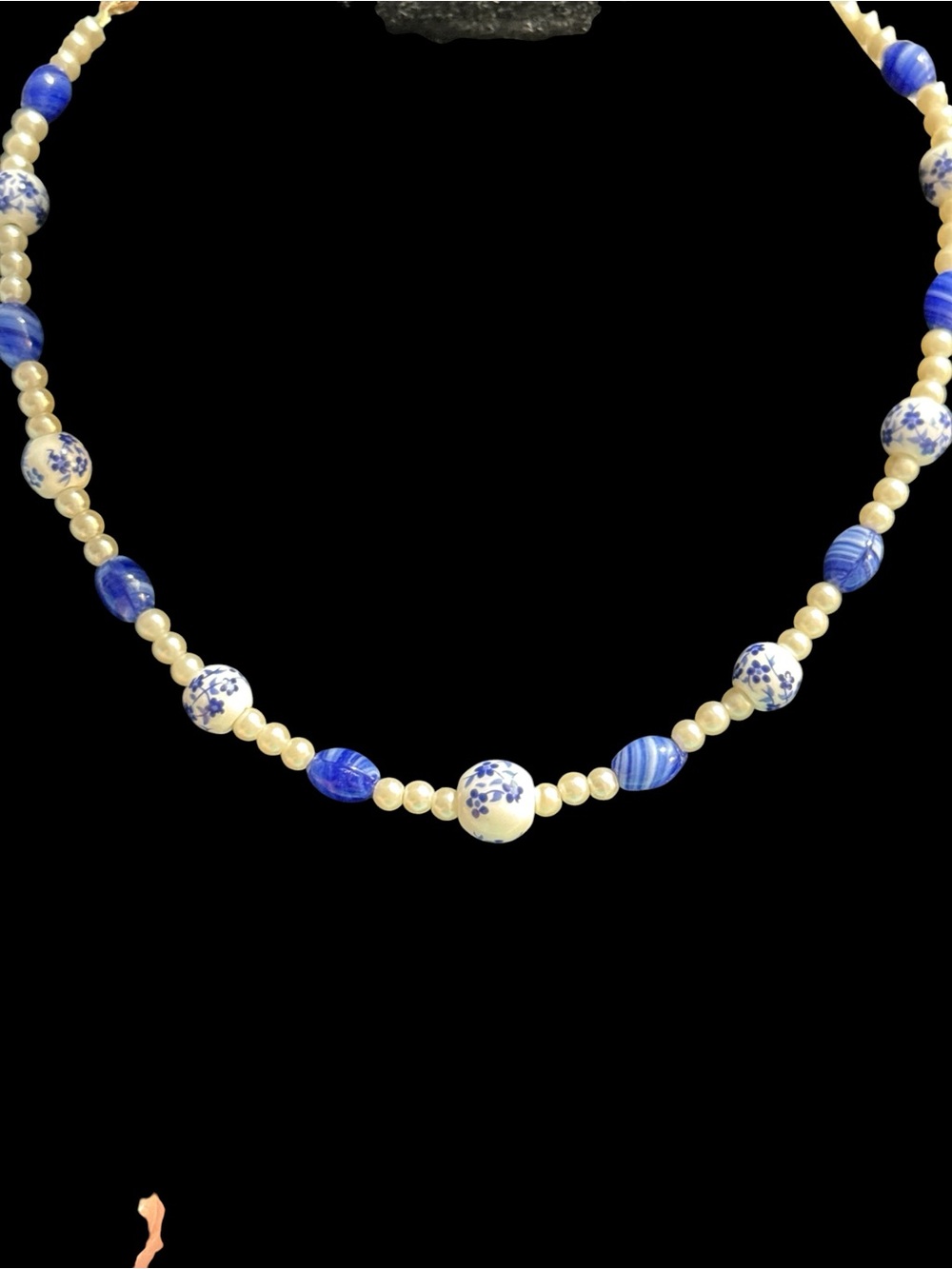 Blue and Cream Porcelain Accent Beaded Necklace by